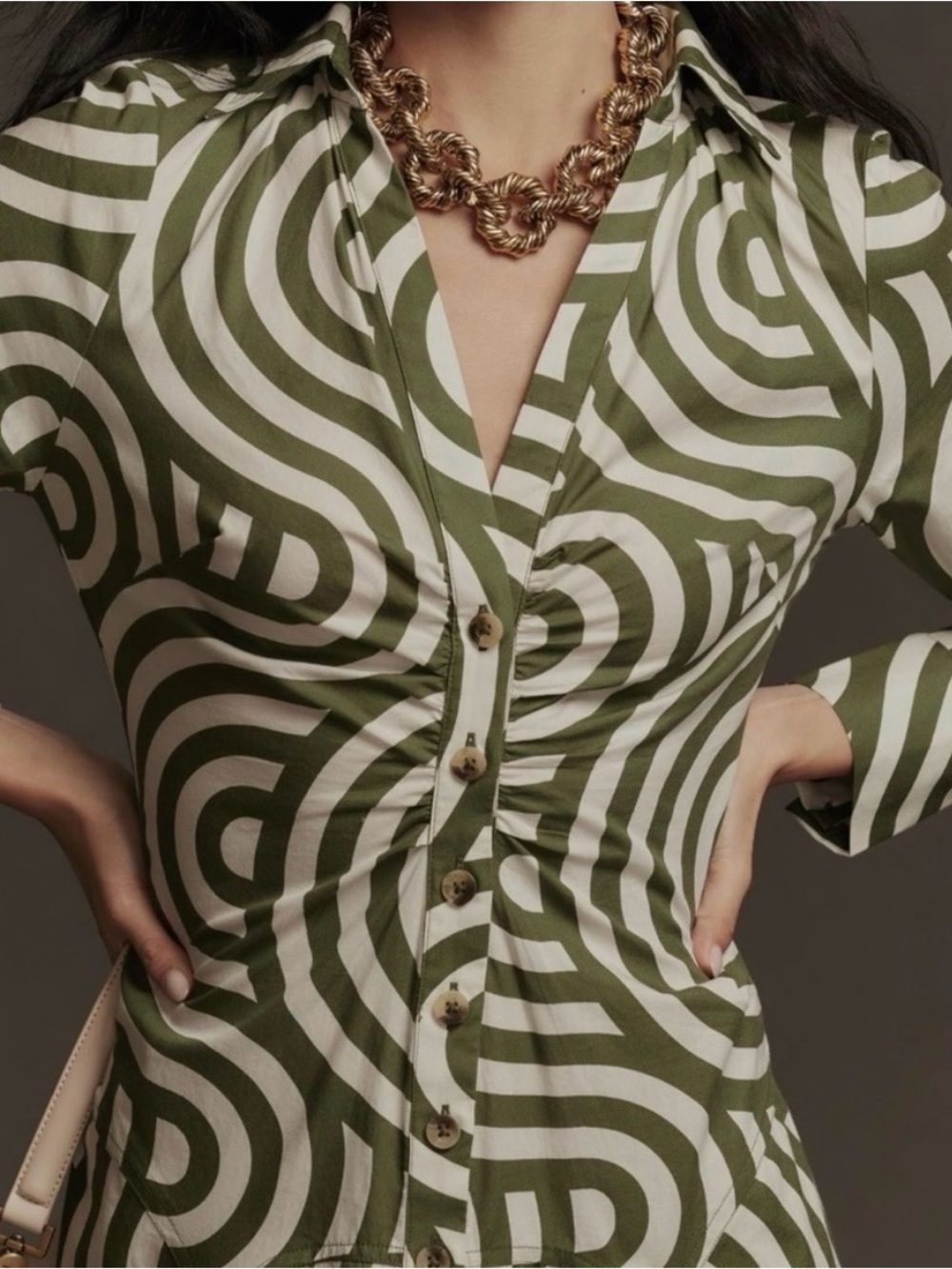 Anthropologie Green Geometric Poplin Shirt Dress Button Front Cotton Size 8 NWT - Picture 3 of 12